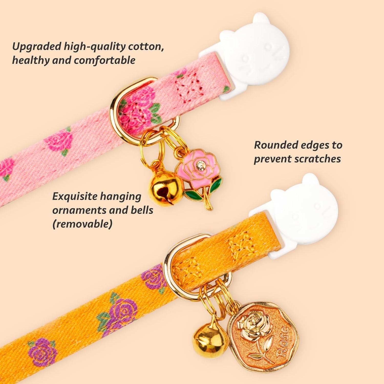 2 Pack Cotton Breakaway Cat Collar Yellow and Pink Rose Pendant Cute Kitten Cat Collar with Bell