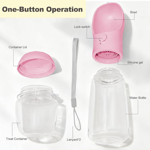 2-in-1 Portable Dog Water Bottle & Food Container - BPA Free Travel Dispenser for Walking, Hiking & Adventures - Pink, 12oz