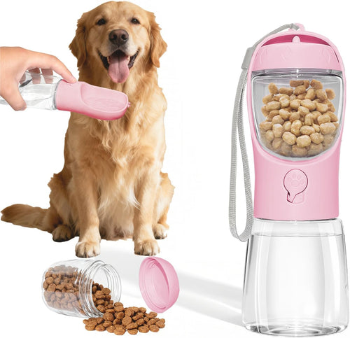 2-in-1 Portable Dog Water Bottle & Food Container - BPA Free Travel Dispenser for Walking, Hiking & Adventures - Pink, 12oz