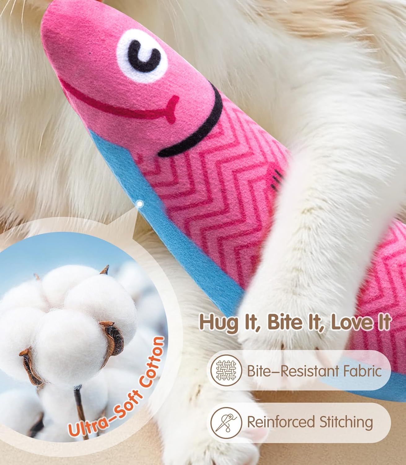 Cat Toys With[5000Mg A+Natural Catnip &Silvervine] [Baby Grade] Interactive Soft Chew Kicker Cat Toys for Indoor Cats & Kittens, [Crinkle &Bell] Fish Sound Toy, Drives Bored Cat Crazy with Fun