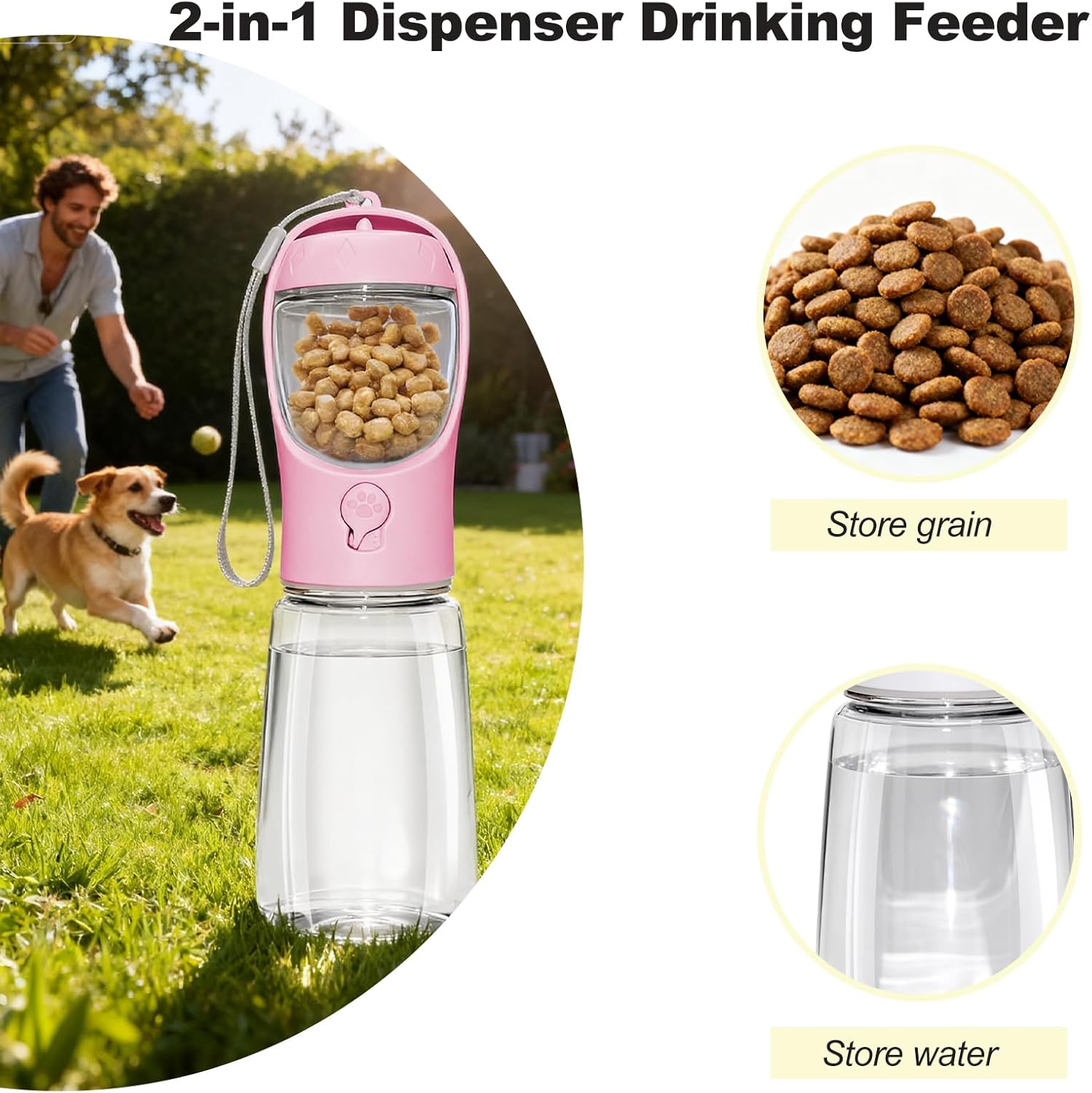 2-in-1 Portable Dog Water Bottle & Food Container - BPA Free Travel Dispenser for Walking, Hiking & Adventures - Pink, 12oz