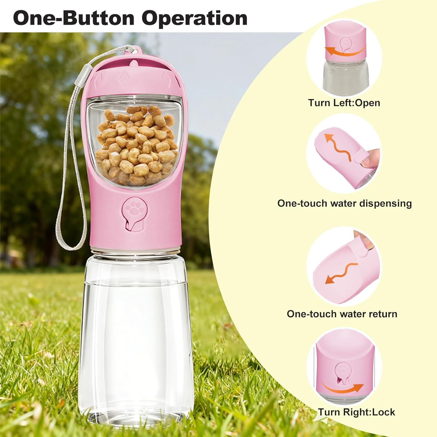 2-in-1 Portable Dog Water Bottle & Food Container - BPA Free Travel Dispenser for Walking, Hiking & Adventures - Pink, 12oz