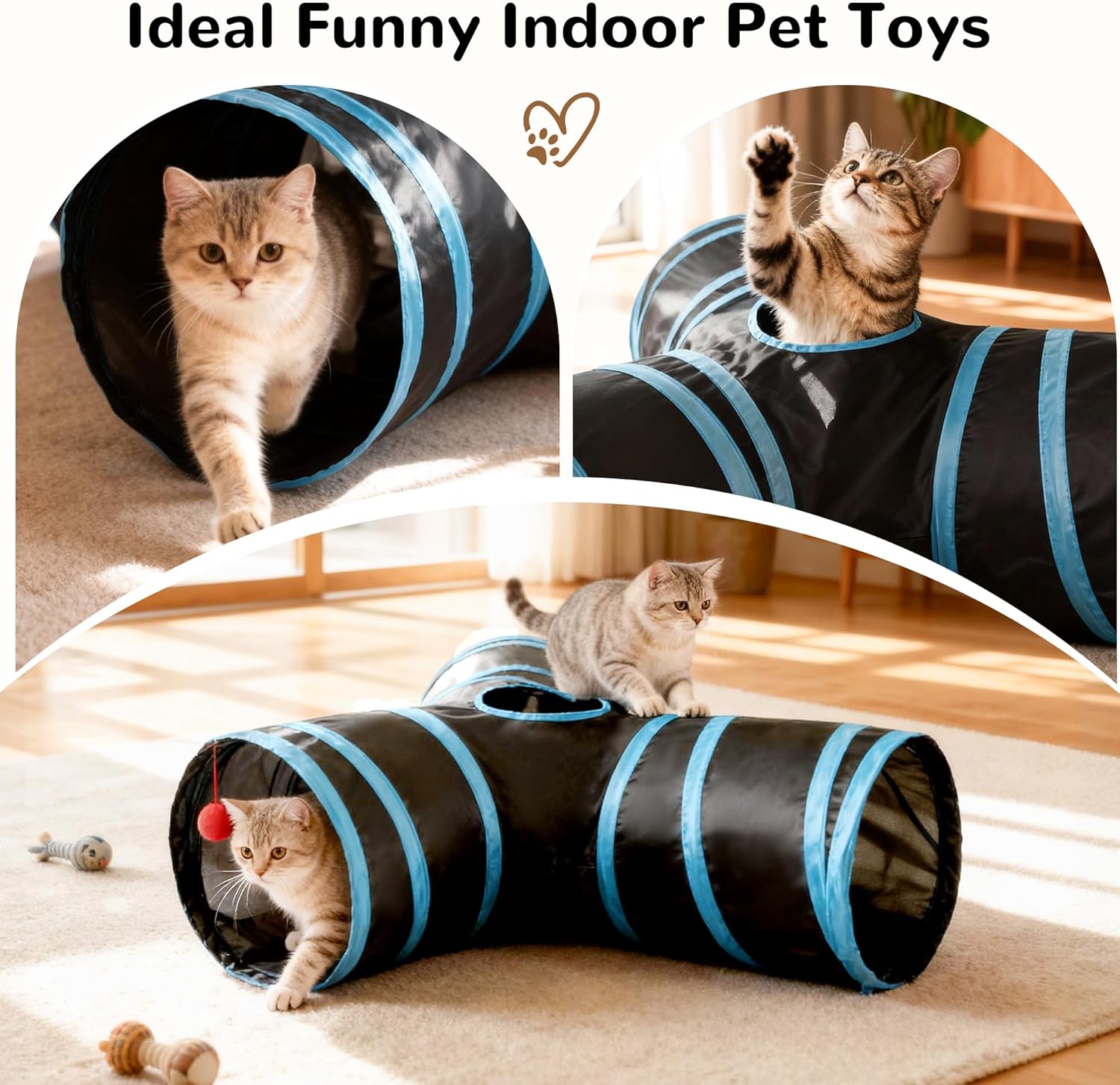 Pet Cat Tunnel Tube Cat Toys 3 Way Collapsible, Tunnels for Indoor Cats，Kitty Bored Peek Hole Toy Ball Cat, Puppy, Kitty, Kitten, Rabbit