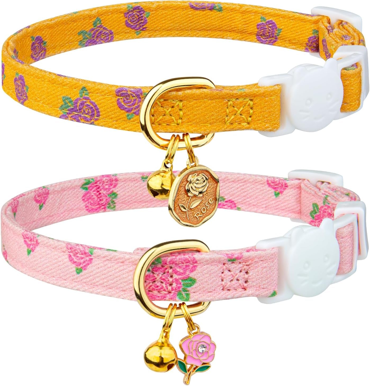 2 Pack Cotton Breakaway Cat Collar Yellow and Pink Rose Pendant Cute Kitten Cat Collar with Bell